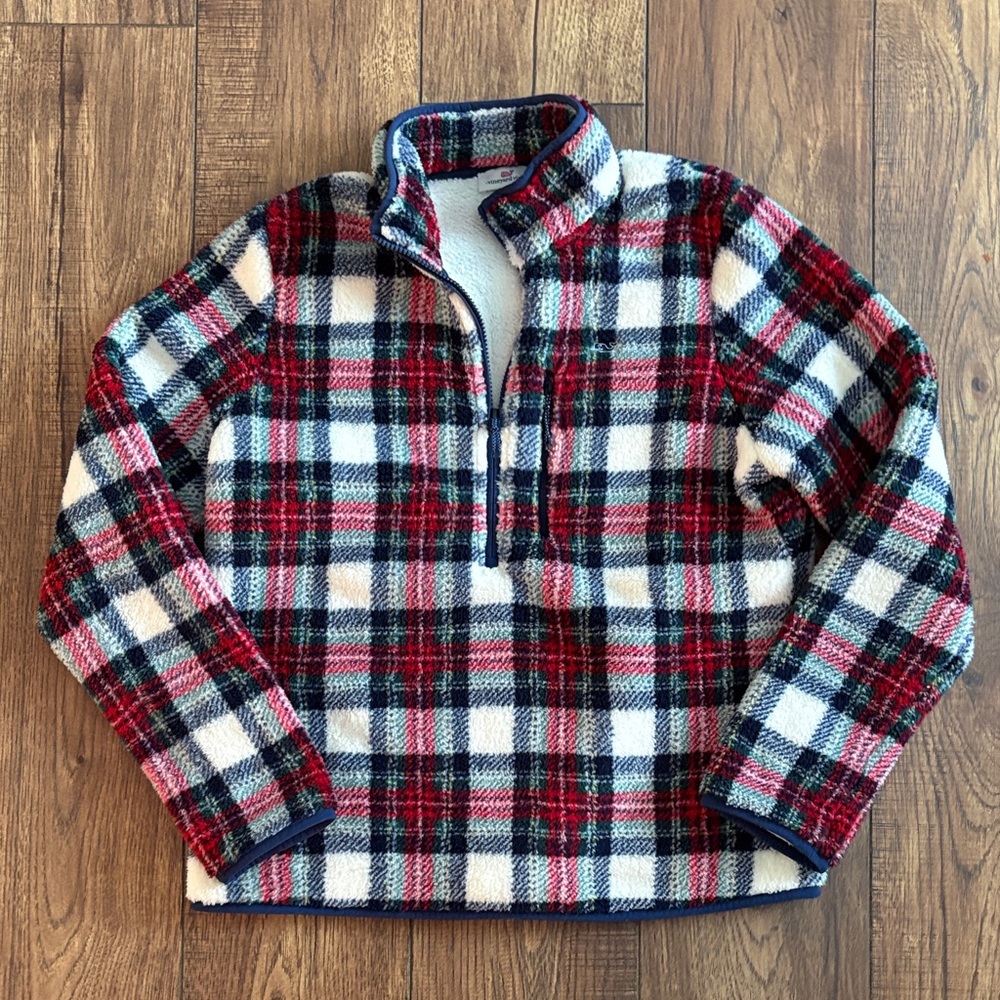 Vineyard Vines Sherpa Plaid Quarter-Zip Sweater Size Medium